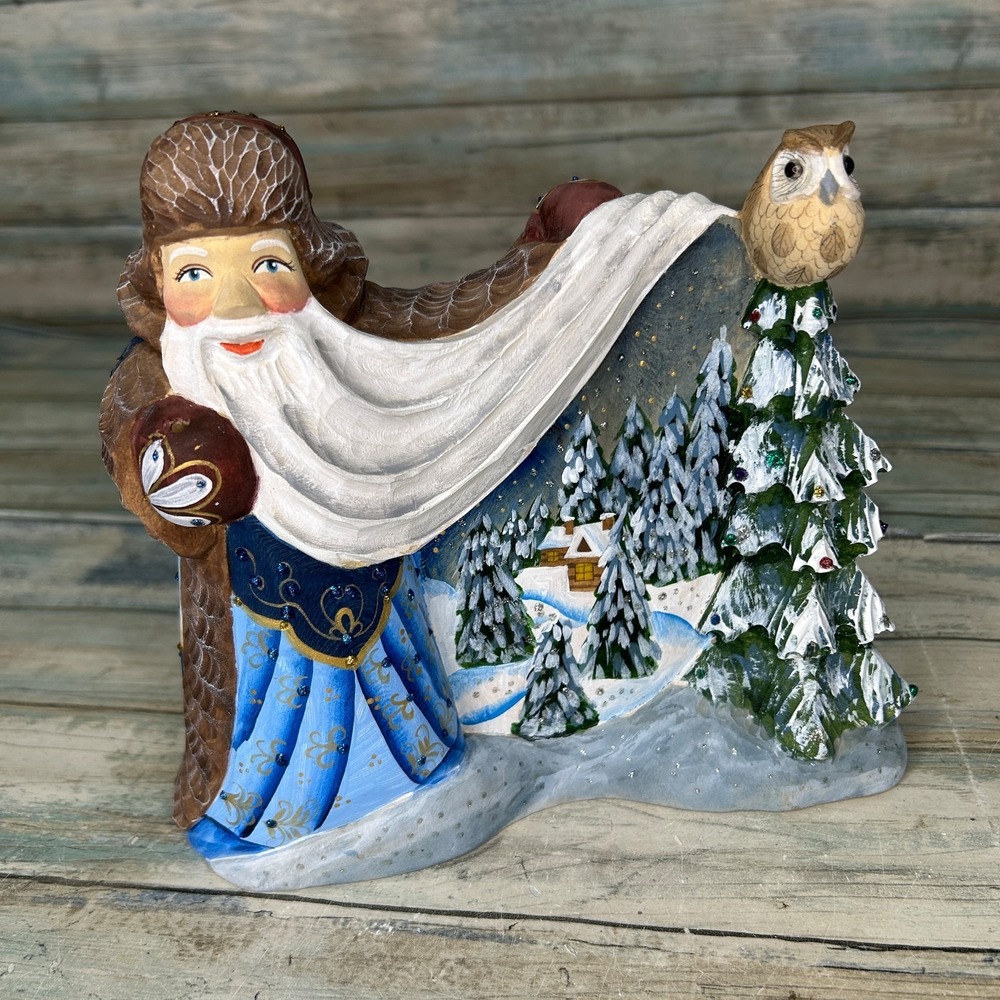 Russian Santa Father Frost Wood Hand Carved Painted Signed Owl Tree Moroz